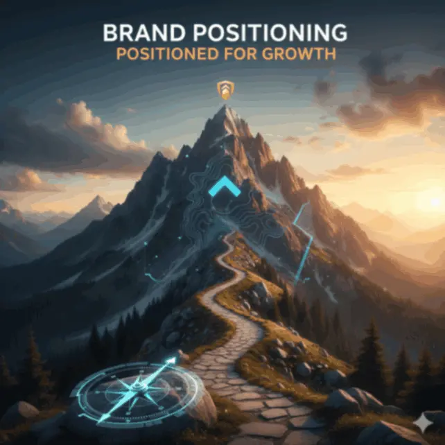 A winding path leads up a tall mountain under a golden sunrise, symbolizing growth and progress. The image includes digital navigation graphics and the text “Brand Positioning Positioned for Growth,” representing strategic direction and business success.