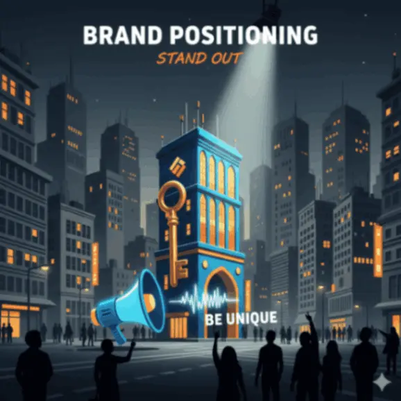 A brightly lit building with a key and megaphone symbol stands out in the middle of a dark cityscape, representing the concept of brand positioning and uniqueness. The text “Brand Positioning Stand Out” emphasizes how brands can differentiate themselves and attract attention.
