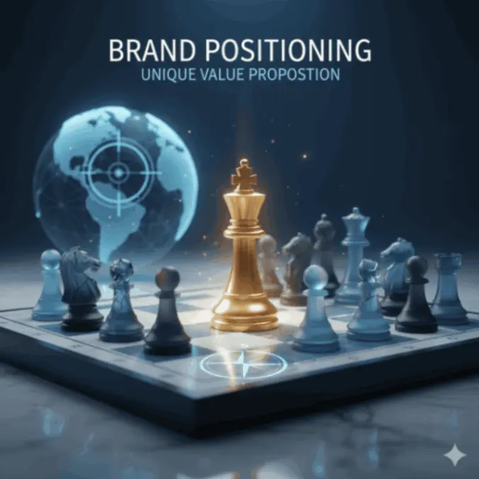 A golden chess king stands at the center of a chessboard surrounded by black and white pieces, symbolizing strategic leadership and dominance. In the background, a glowing digital globe and target graphic emphasize global brand positioning and unique value proposition.