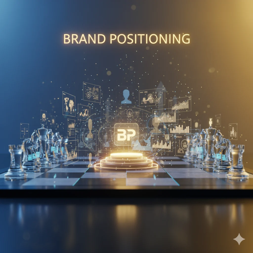 Futuristic chessboard with glowing BP logo and digital marketing analytics representing brand positioning strategy