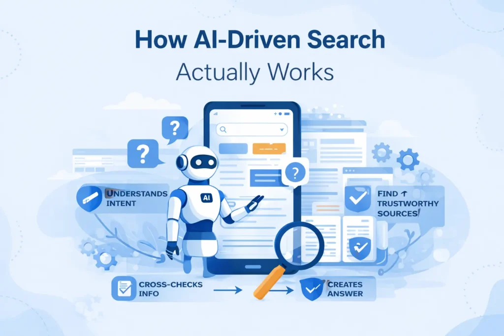 Illustration showing how AI-driven search understands intent, checks trusted sources, and generates answers