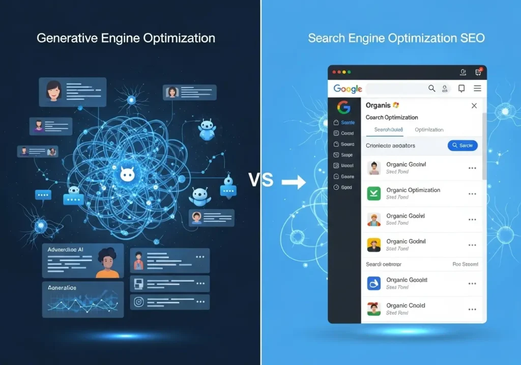 A conceptual split-screen illustration comparing traditional SEO and AI-driven GEO (Generative Engine Optimization). On one side, a classic magnifying glass hovers over a list of blue website links; on the other, a glowing neural network brain generates a cohesive, direct answer, symbolizing the evolution from search engine results to AI-synthesized responses